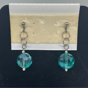 Aqua Czech Dangle Pierced Earrings Polished Glass Faceted Crystals Silver Tone